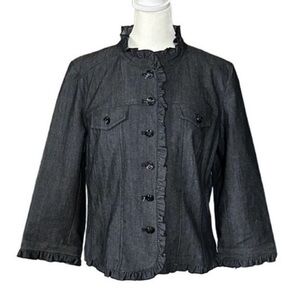 Sandro Sportswear Ruffle Trim Black Denim Button Down Suit Jacket Size Medium